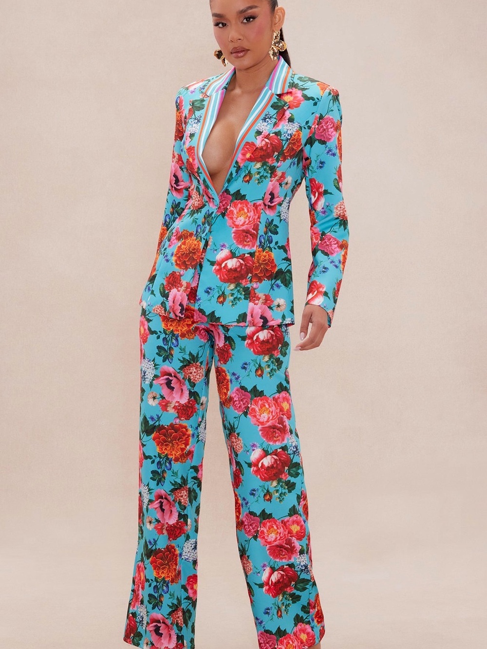 Fashion Nova Turquoise Floral Pantsuit with Pink & Red Blooms - Picture 2 of 4